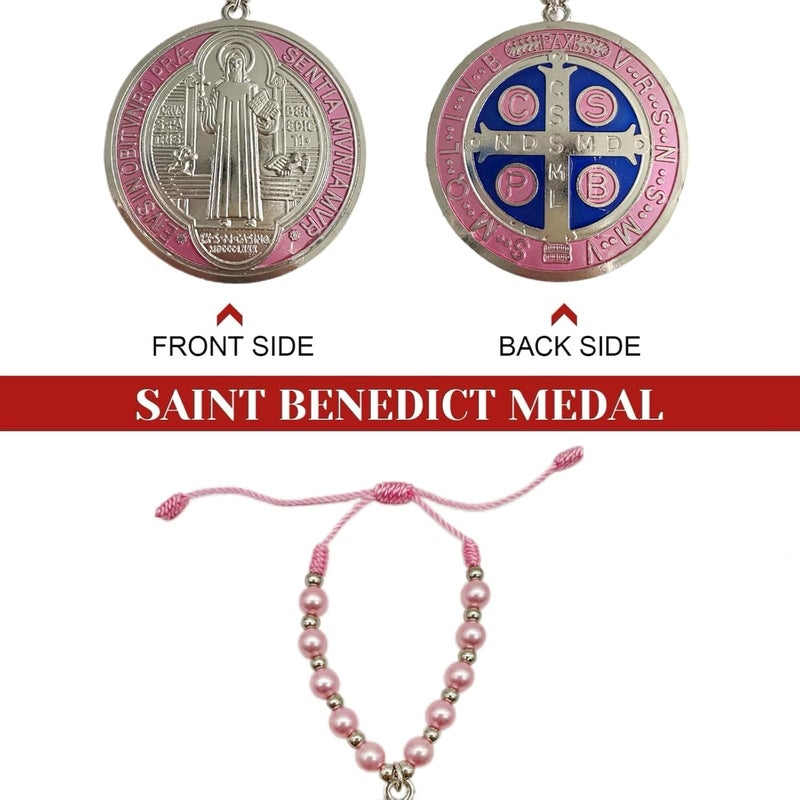 Bovemee Escapularios Catolicos,2PCS Golden Saint Benedict Medal Protection Blessing Charm, St Benedict Crucifix, Catholic Handmade Jewelry Gift Car Hanging Home Decor (2PCS Pocket Pink) - Image 2